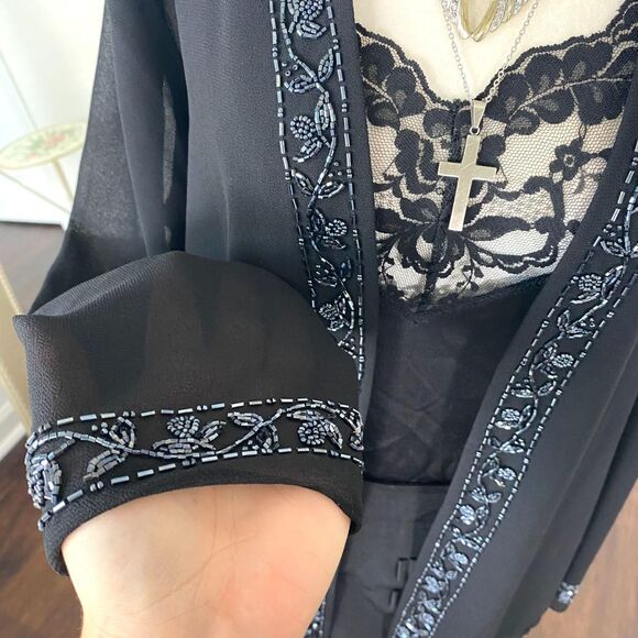 R&M Richards Whimsygoth Beaded Open Front Black Mesh Cardigan 14 / L - Picture 5 of 8